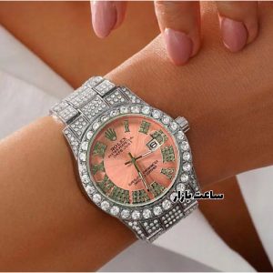 ساعت زنانه رولکس فول نگین صفحه صورتی Rolex Date-Just Diamonds 1811P